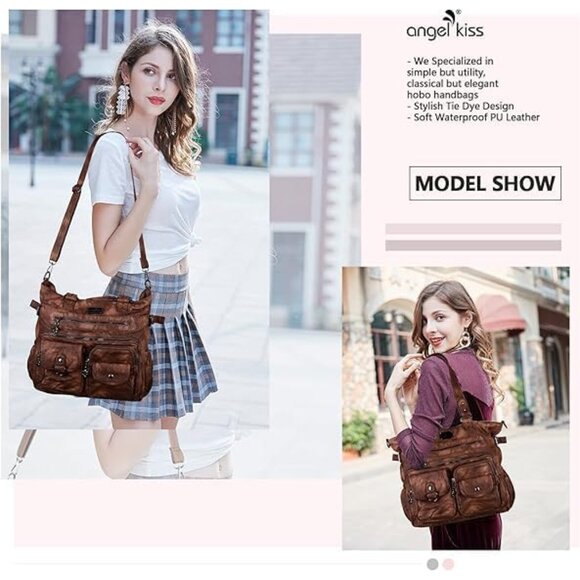 Women’s Soft Leather Hobo Satchel Crossbody Tote Bag with Multiple Pockets - Picture 2 of 7